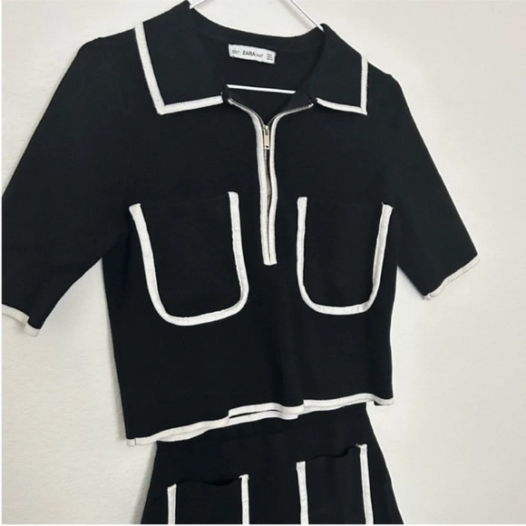 Zara Black & White Knit Skirt & Top Set Contrast Piping - Picture 7 of 12